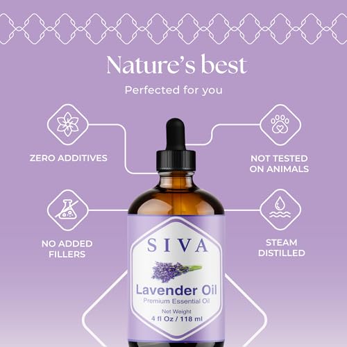 Siva Lavender Essential Oil - 4 Fl Oz – 100% Natural Lavender Oil - for Diffuser, Face, Skin Care, Aromatherapy, Hair Care, Scalp and Body Massage - with Dropper