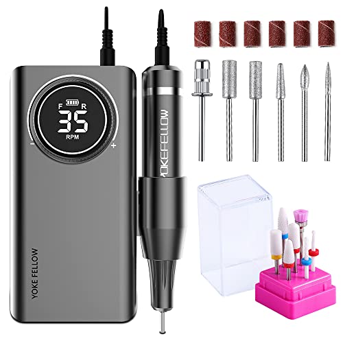 Image of YOKE FELLOW Rechargeable Nail Drill - 35000 RPM Nail Machine with 12 Bits for Manicure Pedicure Salon Home Use