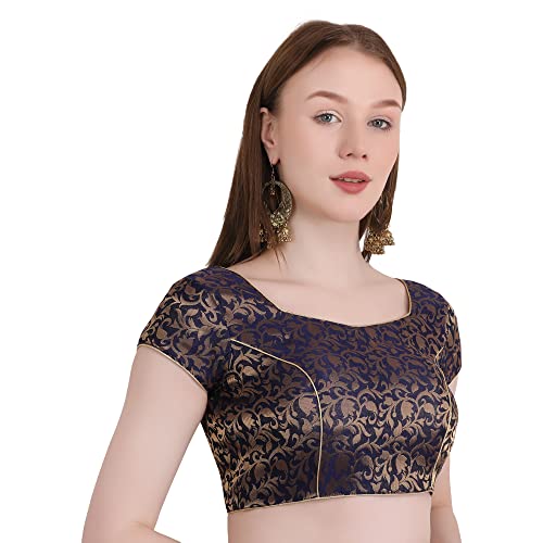 Image of Women's Short Sleeve Brocade (Chanderi) Readymade Stitched Saree Blouse Ready to Wear Half Sleeves Ladies Blouse