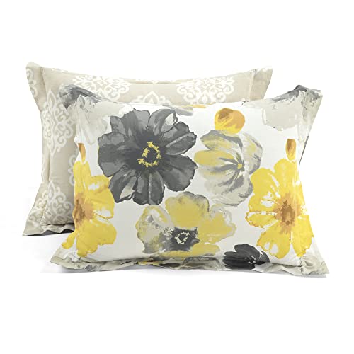 Image of Lush Decor Leah Reversible 100% Cotton Duvet Cover Set, 3 Piece Set, King, Yellow & Gray - King Bedding Set - Yellow Duvet Cover - Country Floral Decor