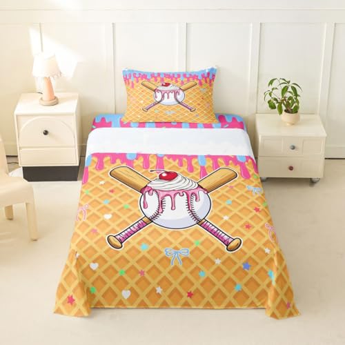 Image of Castle Fairy Baseball Cap Bed Sheets Twin Size,Ice Cream Cherry Plaid Print Easy Wash Bedding Set,Cute Sweet Sports Style Kids Room Decor,Pink Yellow Sheet(Fitted+Flat+1 Pillowcase)