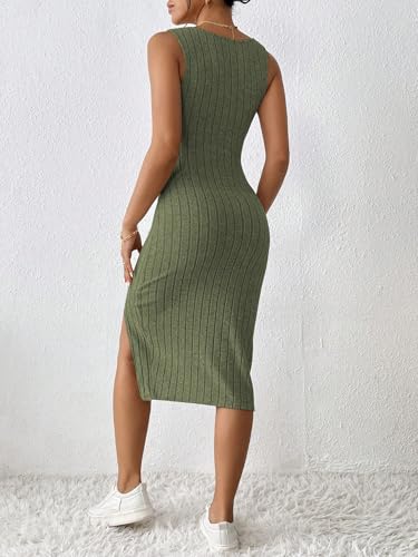 Womens Summer Tank Dress Casual Sleeveless Square Neck Dresses Bodycon Side Slit Sundress Midi Ribbed Sweater Dresses4