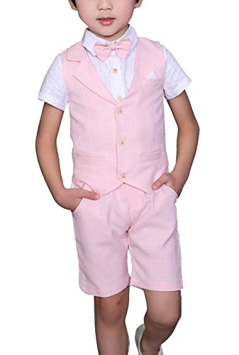 LOLANTA 4 pièces Costume Enfant Garcon Mariage Ete, Vetements Garcon Ceremonie, Short Gilet Chemise nœud Papillon, 8-9 Ans, Rose, Fabricant 140