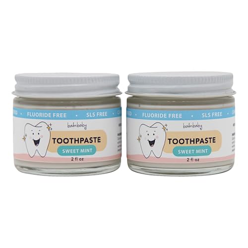 Kids All Natural Fluoride Free Toothpaste – SLS Free Toothpaste with Xylitol, Vegan Gluten Free, Glass Jar Zero Waste Teeth Paste (2-PK, Mint)