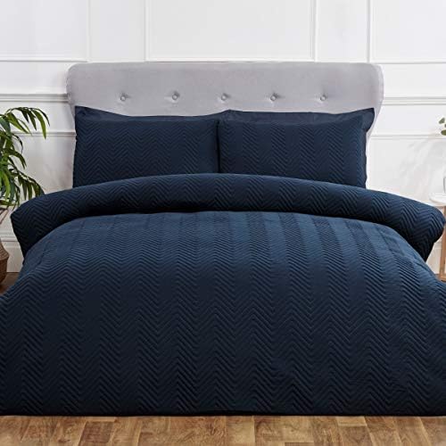 Sleepdown Navy Blue Chevron Stripes Pinsonic Luxury Soft Cosy Duvet Cover Quilt Bedding Set with Pillowcases - Double (200cm x 200cm)