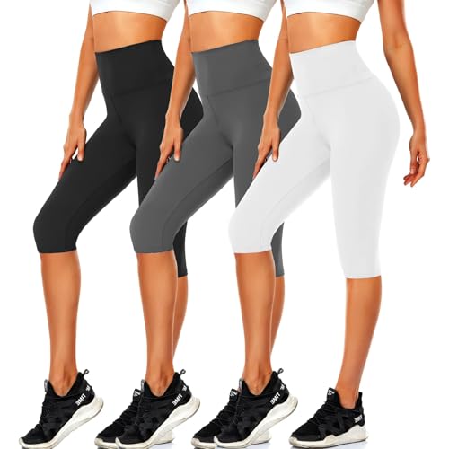 CTHH 3 Pack Capri Pants with Pockets - High Waisted Knee Length Yoga Leggings, Workout Biker Shorts for Women Running Summer(No Pockets,Black/Gray/White,Small-Medium)