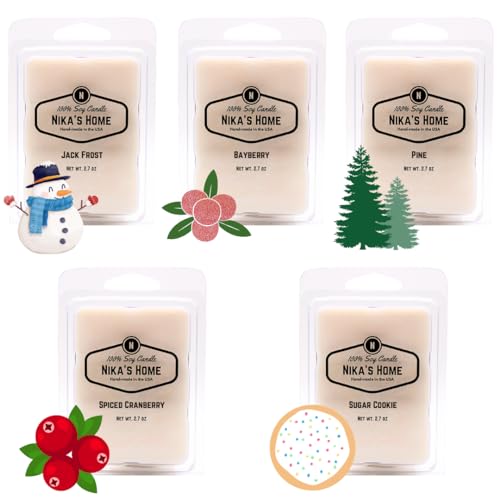 Nika's Home Soy Melts 5 Pack - Wax Warmer Cubes - Handpoured in The USA - US Grown Soy - Strong Scents - Jack Frost, Bayberry, Pine, Spiced Cranberry, Sugar Cookie