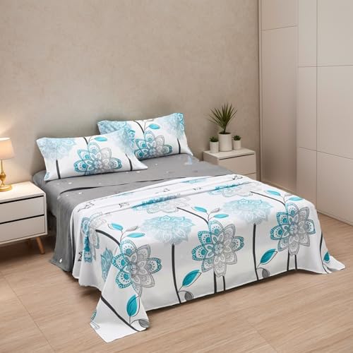 Etrexonline Juego de Sábanas 4 Piezas para Cama de 135 cm - Microfibra Suave y Transpirable, Incluye 1 Bajera Ajustable, 1 Encimera y 2 Funda de Almohada - Color Flor Mandala