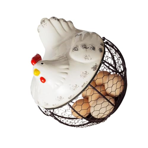 ZUNOXAZ Cestino per Uova in Ferro con Coperchio a Forma di Gallina, Cestino Portaoggetti Multiuso per Cucina e Ristorante, Cesto di Snack e Frutta Decorativo Bianco Piccolo, con Manici