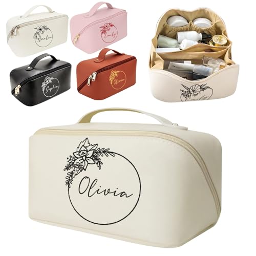 Personalized Large Capacity Cosmetic Bag, Embroidered Makeup Bag with Name, Portable Waterproof PU Leather Makeup Bag, with Divider and Handle, Travel Makeup Bag, Gifts for Women, Mom, Bridesmaids (Birth Flower Style 1)