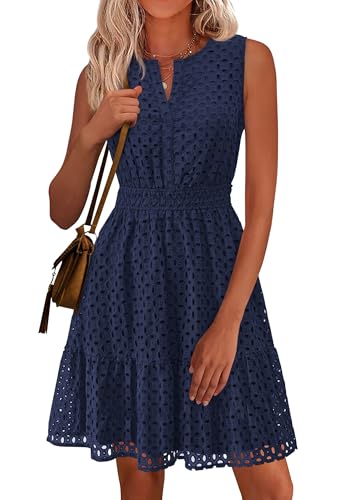 PRETTYGARDEN Women's Summer Dresses 2025 Sleeveless V Neck Eyelet Hollow Out Swing A Line Beach Vacation Sun Dress (Navy,Medium)