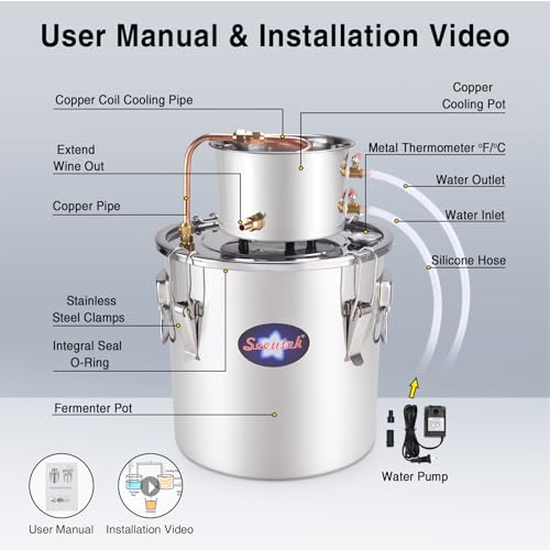 Seeutek Alcohol Still 13.2 Gal 50L Water Alcohol Distiller Spirits Kit w/Circulating Pump, Copper Tube & Dual Display Thermometer, Home Brew Wine Making Kit Oil Boiler Stainless Steel for DIY Whisky