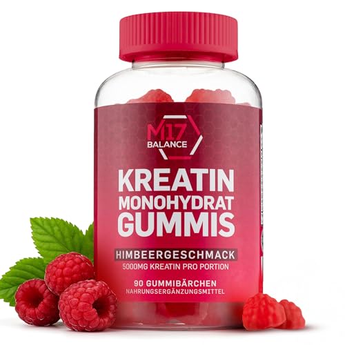 Creatin Monohydrat Gummibärchen - 5000 mg Kreatin mit BCAAs & L-Carnitin pro Dosis - Für Muskelaufbau - Zuckerfrei, Anti-Schmelz-Formel, Vegan, Glutenfrei - 30 Portionen (90 Stück, Himbeere)