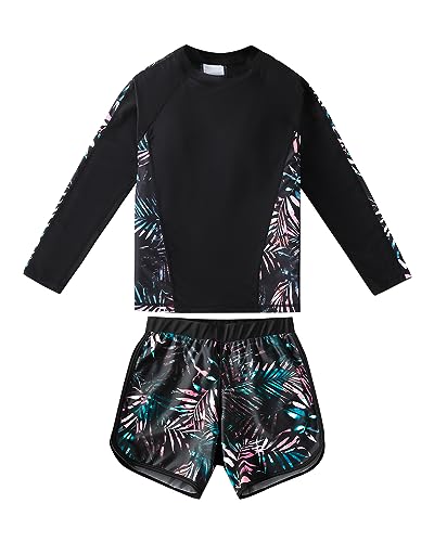 Image of Girls Long Sleeve Swimsuits 2 Pieces Set Rash Guard Swimwear Quick Dry Surfing Wetsuit for Kids Bathing Suit 5-16 Years