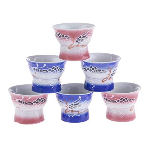 lachineuse - 6 Tasses à Saké Asiatiques - Images Erotiques Mixtes - Verres à Saké Japonais - Idée Cadeau Coquin - Service à Saké Traditionnel Porcelaine Japon - Bol Soju & Alcool - Coloris Bleu & Rose