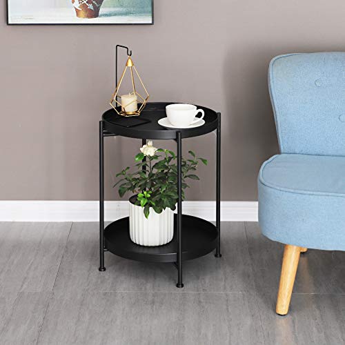 Lita 2-Tier End Table Metal Round Tray Side Table Small Folding Accent Coffee Table Side Snack Table Anti-Rust And Waterproof Nightstand For Living Room Bedroom Balcony And Office, Black #TOP1