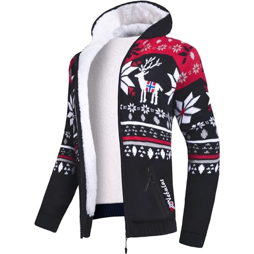 Nebulus Herren Jacke NORON mit Kapuze schicker Pullover im Norweger-Style (XXL Schwarz-rot)