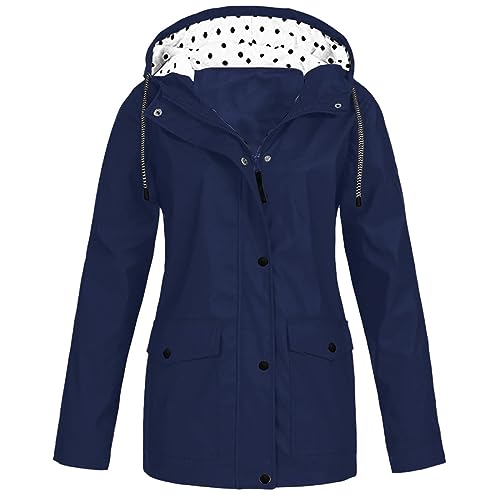 Shffuw Abrigo Chubasquero Mujerchubasquero Mujer Abrigo de carga con capucha y cordón de bolsillo doble con botón de cremallera informal de de color sólido para mujer Traje De Lluvia (Dark Blue, XL)