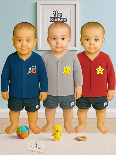 Image of Kidbee Baby Front-Open Cotton Jabla /Top, Full Sleeve, Unisex, Months, Pack of 3