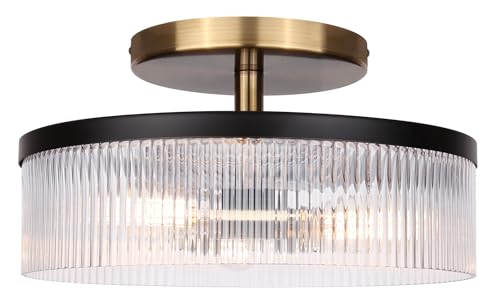 Canarm Jenner 3-Light Semi-Flush Mount Ceiling Light, 15-Inch Matte Black and Gold Finish with Ribbed Glass, Contemporary Lighting for Living Room, Bedroom or Dining Room