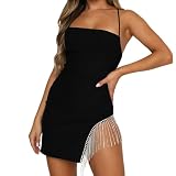 ZGMYC Women Sparkly Rhinestones Tassel Bodycon Mini Dress Sexy Sleeveless Spaghetti Strap Party Dress Clubwear Black