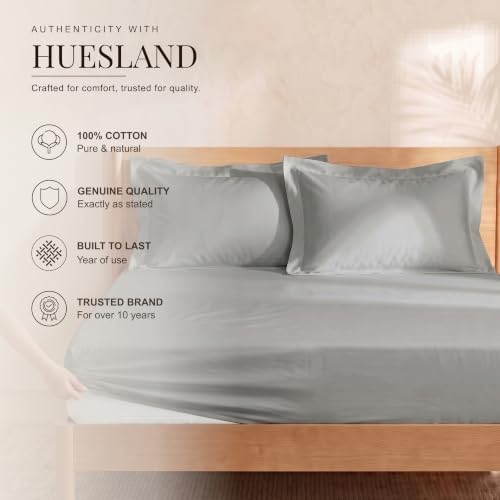 Image of Huesland 300 TC Premium 100% Pure Cotton Luxe Soft Touch Fitted Single Size Bedsheet Cotton with 2 Pillow Covers | Steel Grey | 36 x 78 Inches