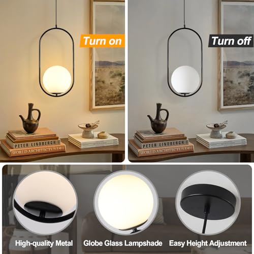 Image of Modern Black Pendant Light, Bedside Matte Pendant Lights with White Glass Shade, Large Globe Ceiling Light for Kitchen Island Bedroom