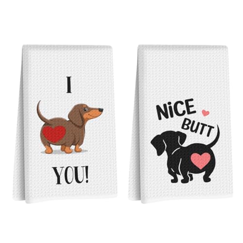 Image of 2 Pcs Dachshund Kitchen Towels 24x14 Inch, Dachshund Gifts Reusable Dish Towels for Kitchen Bathroom Decor, Waffle Weave I Love You Hand Cloth Tea Towel, Cute Dog Valentine's Gifts for Girlfriend Wife