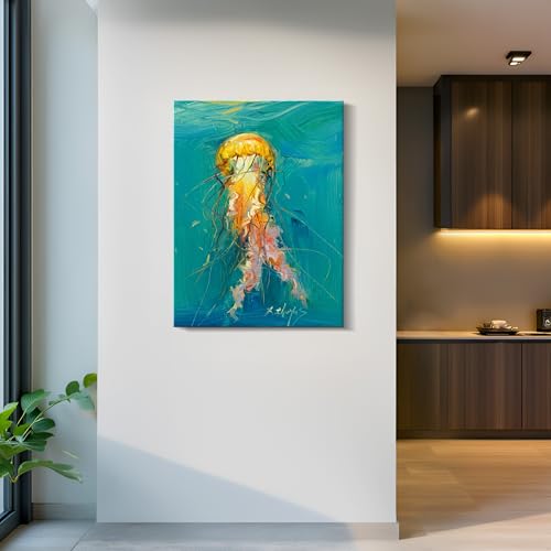 JZLDZS Large Coastal Wall Art Jellyfish Canvas Painting Print Turquoise Yellow Beach Bedroom Decor 24x32 Inch Framed Jelly Fish Sea Life Pictures for Living Room by JZLDZS - Used condition - Image 2