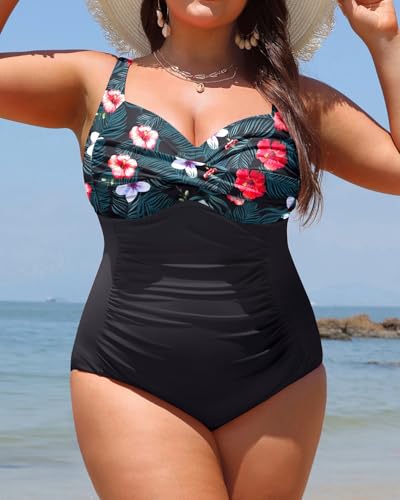 Image of Women Plus Size One Piece Swimsuits Tummy Control Twist Front Bathing Suit | Unremovable Bra, Sweetheart Neckline, Wide Adjustable Straps, Ruched Stomach, Side-Splicing Design, Full Coverage Bottom