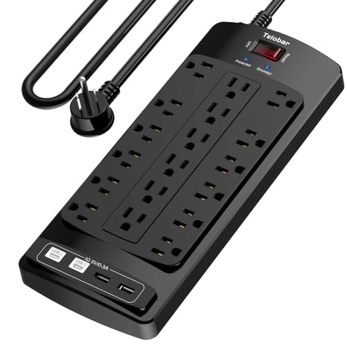 Image of 18 Outlets Surge Protector Power Strip - Teiobar 10 Feet Flat Plug Heavy Duty Extension Cord with 18 Widely Outlets and 4 USB Ports, 2100 Joules, Black, ETL Listed