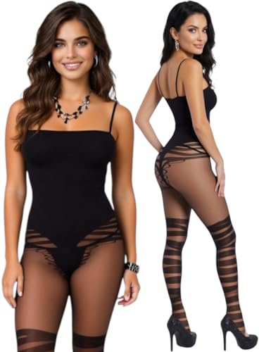 Image of ToBeInStyle Women's Assorted Bodystocking Sheer Opaque or Fishnet Crotchless Lingerie Bodysuit
