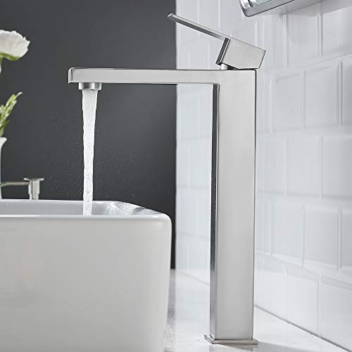 Friho Modern Single Handle Brushed Nickel Tall Vessel Sink Bathroom Faucet, Basin Mixer Tap Bathroom Sink Faucet with Water hoses