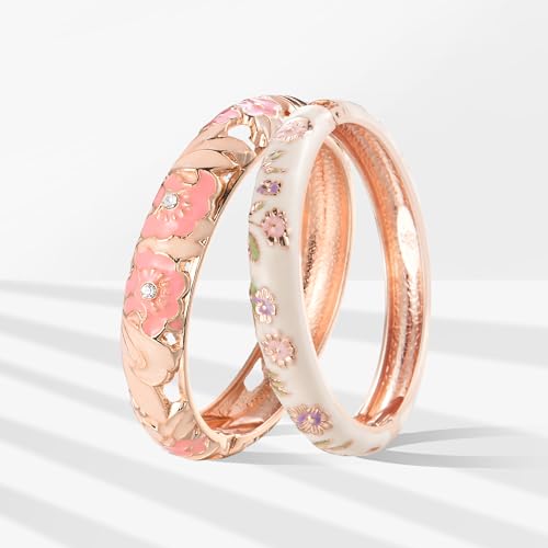 UJOY Vintage Jewelry Cloisonne Handcrafted Enameled Butterfly Flower Gorgeous Rhinestone Gold Hinged Cuff Bracelet Bangles Gifts 88A092