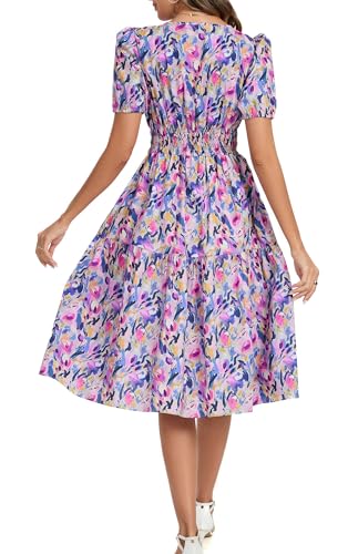 Image of Kormei Women Summer Casual Boho Floral Round Neck Short Sleeve Smocked Waist Tiered Flowy Swing Midi Dress