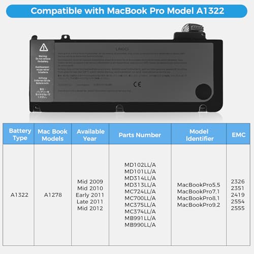 Image of A1278 Battery, A1322 Battery Replacement for MacBook Pro 13 Inch A1278 [Mid 2012 2010 2009 Early 2011 Late 2011] (Upgraded High Performance 63.5Wh 11.6V 6000mAh Li-Polymer)