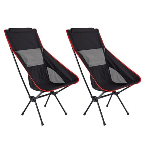 Portable Camping Chair Backpacking Chair - Ultralight Folding Chair - Compact, Lightweight Foldable Chairs for Hiking Mountaineering, Beach, 2 Pack,Black/Red