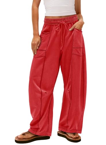 Yanekop Womens Baggy Wide Leg Pants Casual Fall Trousers Palazzo Pants Drawstring Waist Barrel Sweatpants with Pockets(Red,L)