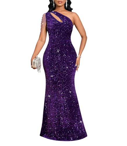 Cololura Women Sequin Elegant Sexy One Shoulder Tassel Oblique Collar