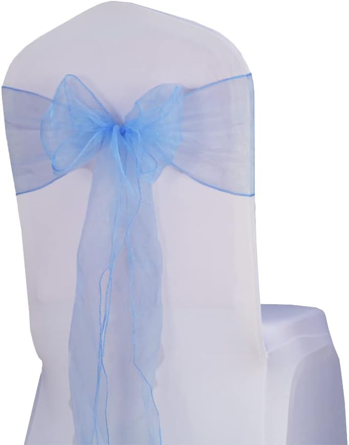 100 Pack Organza Light Blue Chair Sashes Sheer Blue Chair Bows Ties for Wedding Party Birthday Banquet Baby Shower Restaurant Christmas Events Decoration (Light Blue)
