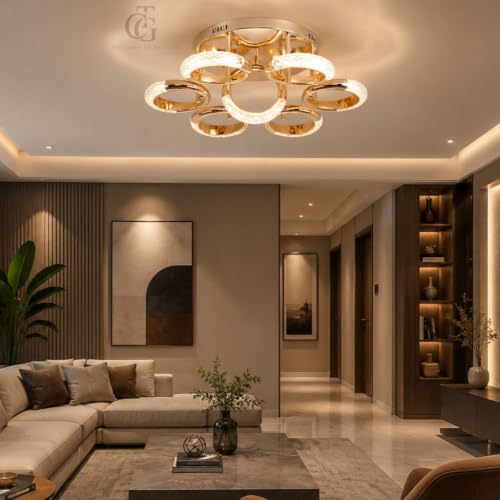 Image of Modern Ring Cluster LED Ceiling Fixture-6+1| Sculptural Blooming Rings Mount with 3C LED | French-Gold Decorative Fixture for Bedroom, Living Room & Dining Room
