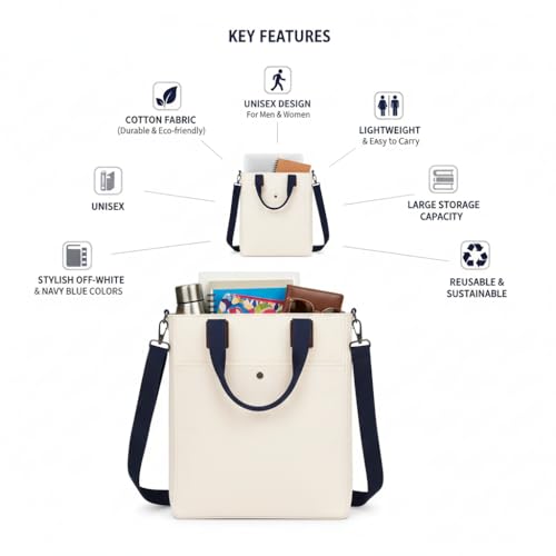 Image of Cotton Canvas Tote Bag for Women & Men | Stylish Shoulder & Crossbody Handbag with Zipper For Boys Girls & Adults | hand bags for woman & Man | College, Office, Travel & Daily Use, Shopping