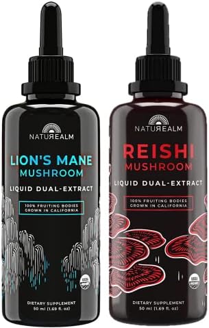 Naturealm Reishi & Lion’s Mane Mushroom Extract - Adaptogen Stack for Focus, Immunity, Longevity, Stress Relief, Gut Health, Anti-Aging, Energy & More - Organic Liquid Drops - 50 mL Each (2 Pack)