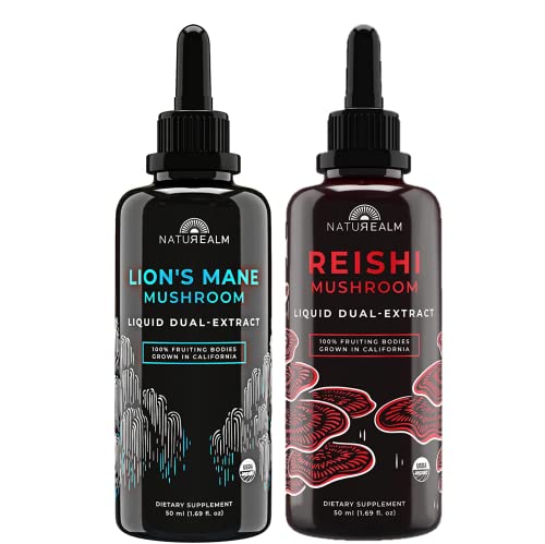 Naturealm Reishi & Lion’s Mane Mushroom Extract - Adaptogen Stack For Focus, Immunity, Longevity, Stress Relief, Gut Health, Anti-Aging, Energy & More - Organic Liquid Drops - 50 Ml Each (2 Pack) #TOP3