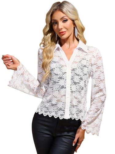 Questa camicetta in pizzo è composta da diversi elementi di design: pizzo floreale, trasparenza, colletto, scollo a V, abbottonatura, manica lunga a campana, bordo svasato.
