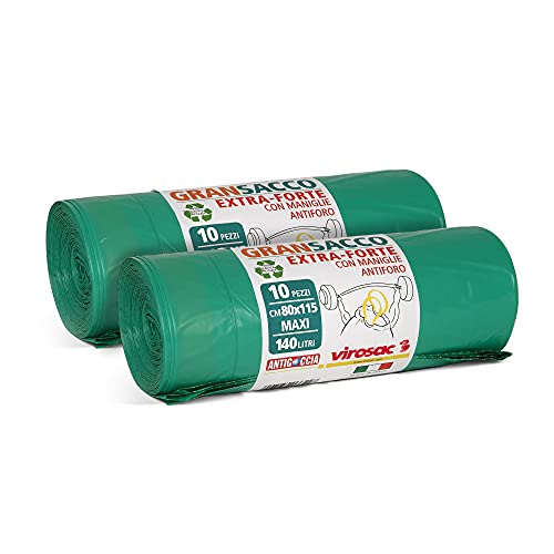 VIROSAC Gransacco - Sacchi Verdi 80x115, Antiforo E Con Maniglie Estraibili, Ideali Per Giardinaggio, 10 Pezzi Per Rotolo, Kit Da 2 Rotoli, color Verde, 10 Unità - Confezione da 2