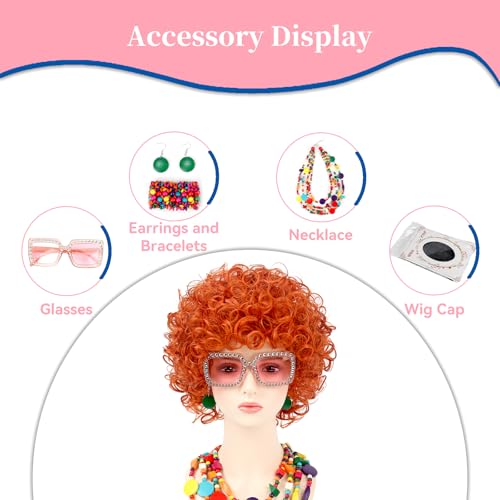 Image of Women Roper Curly Orange Red Cosplay Wig with Necklace Earrings and Sunglasses for Women Hallween Costume Wig