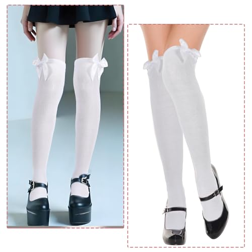 Image of Women's Cotton Opaque Knee High Socks Smooth Edge Bow Socks Cute Soft Knee Uniform Dress Sock with Bow Lolita Gothic (White)