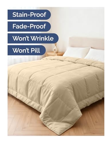 Image of Queen Size, Beige Alternative Down Comforter - Warm, Lightweight & Breathable Hotel Quality Bedding Set for Men, Women, Kids & Teens - All Season Oversized Cooling Microfiber Duvet Insert Comforter