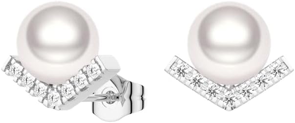 MSBLUE® 8mm Freshwater Cultured Pearl Chevron Stud Earrings | Rhodium Finished Hypoallergenic | Perfect for Anniversary, Women & Gift